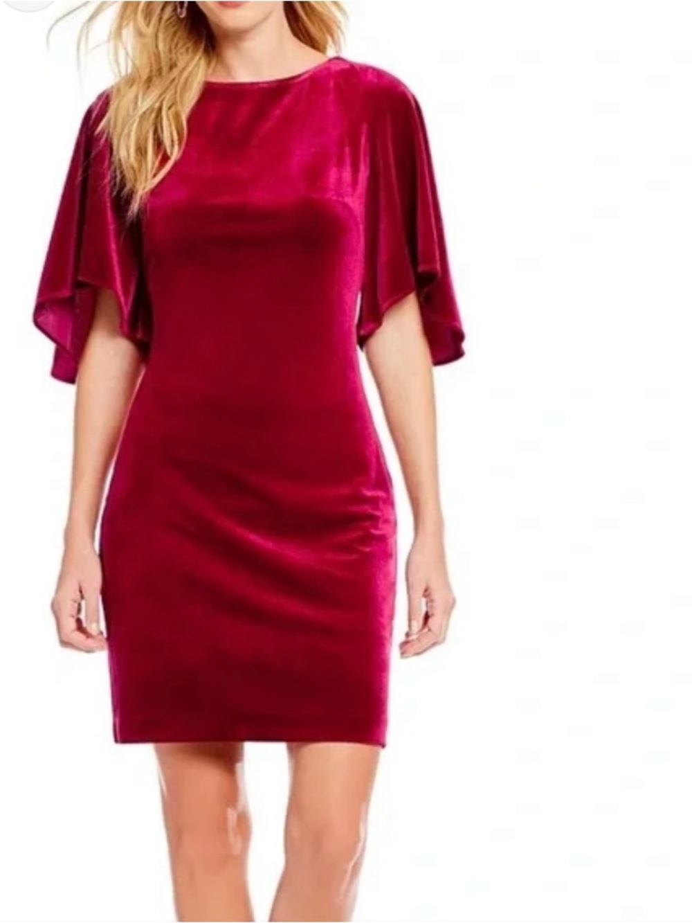 Badgley Mischka Velvet Dress Red Flutter Sleeve Sheath Size 4 Holiday Cocktail